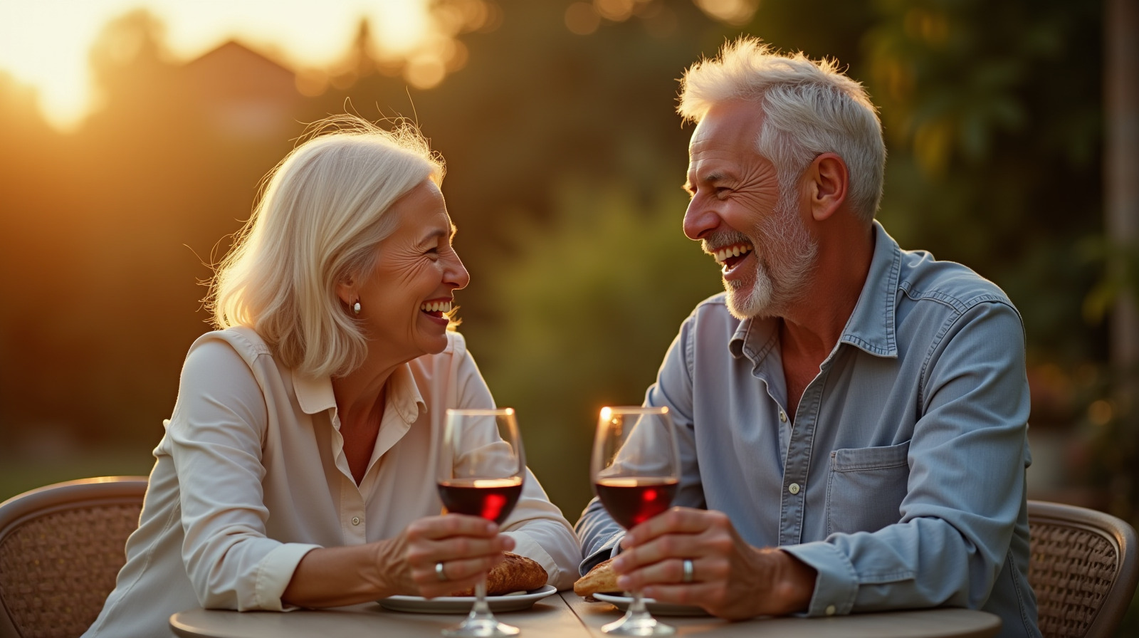 Two people in their late fifties laughing together at golden hour
