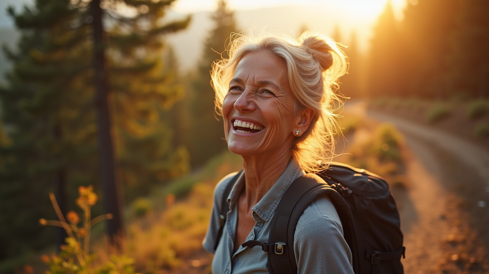 A woman in her late fifties laughing on a mountain trail at golden hour
